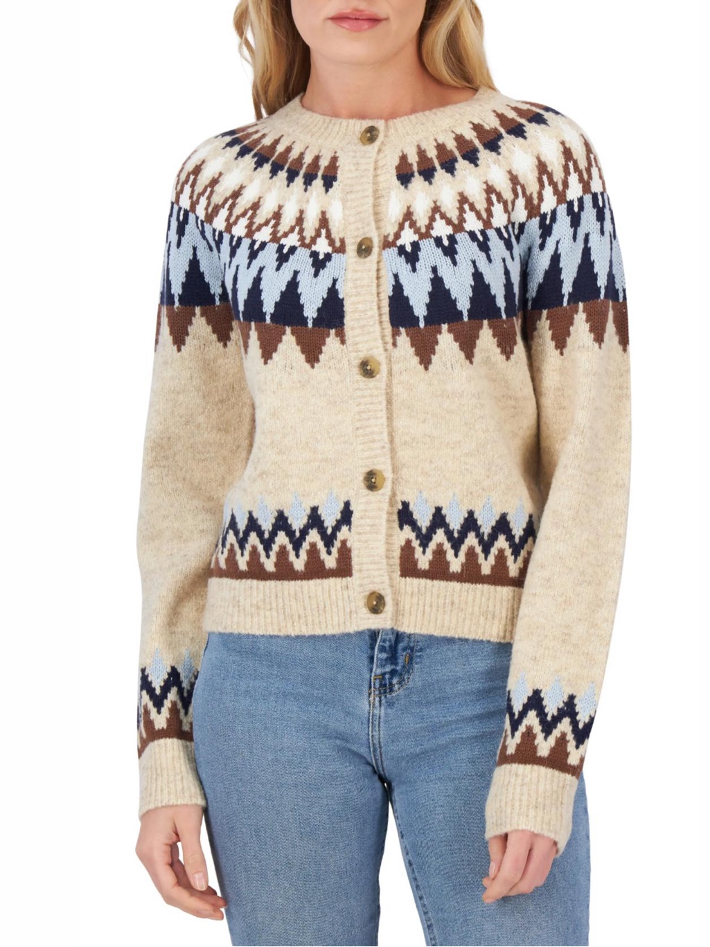 Lucky Brand Cream Fair Isle Button-Up Cardigan Euc